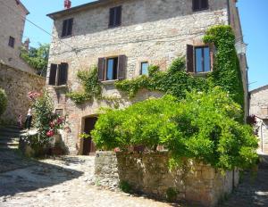 uma velha casa de pedra com plantas ao lado dela em Casa del Capitano Rocca d'Orcia em Castiglione dʼOrcia