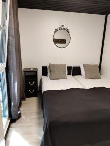 2 łóżka w pokoju z lustrem na ścianie w obiekcie Meža māja w mieście Zaķumuiža