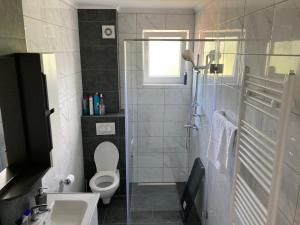 La salle de bains est pourvue de toilettes, d'un lavabo et d'une douche. dans l'établissement Slijepcevic, à Teslić