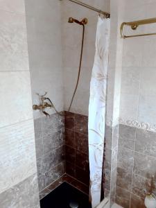 Penzion a Restaurace Belveder في ياخيموف: حمام مع دش مع جدار من البلاط