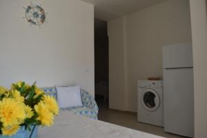 カストロ・ディ・レッチェにあるCasa vacanze Pesce azzurroのリビングルーム(ソファ、洗濯機付)