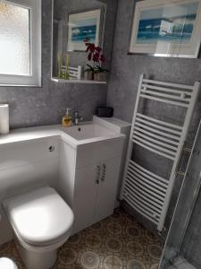 a bathroom with a white toilet and a sink at 'Pavilion Cottage' next to Gorleston beach with sea views - pet friendly! in Gorleston-on-Sea