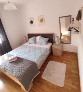 een slaapkamer met een groot bed en een spiegel bij Apartment Anagastum in Nikšić