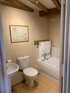 a bathroom with a toilet and a tub and a sink at Fiddleback Farm in Wigton