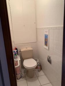 un piccolo bagno con servizi igienici e specchio di Studio Embrun plan d eau de 2 à 4 personnes situé 3 chemin de chadenas a Embrun