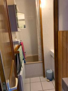 uma casa de banho com um chuveiro, uma banheira e um WC. em Studio Embrun plan d eau de 2 à 4 personnes situé 3 chemin de chadenas em Embrun