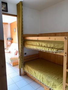 een slaapkamer met 2 stapelbedden en een bed bij Studio Embrun plan d eau de 2 à 4 personnes situé 3 chemin de chadenas in Embrun