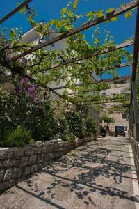 un jardín con pérgola y flores en una acera en Guest House Maslina, en Petrovac na Moru