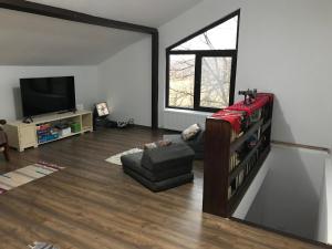 a living room with a couch and a large mirror at POLOVRAGA - casă la țară cu ciubăr in Polovragi
