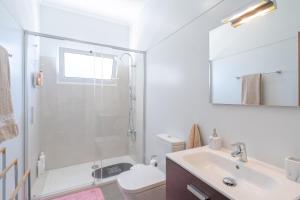 a bathroom with a shower and a toilet and a sink at Flowers island house 3 in Caniço +43 photos