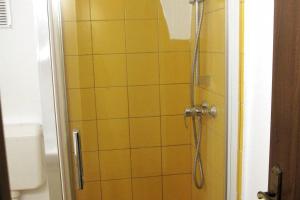 een badkamer met een douche met gele tegels bij SMB Studio Poarta Schei in Braşov