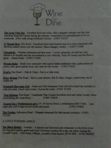 a wine dinner menu with a glass of wine at Arun Sands Rooms in Littlehampton