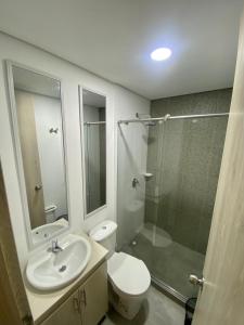 een badkamer met een toilet, een wastafel en een douche bij Apartaesudio Copenhagen AXM in Armenia