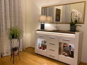 ブダペストにあるTeresa Apartmentの室内に鏡と植物を備えたドレッサー