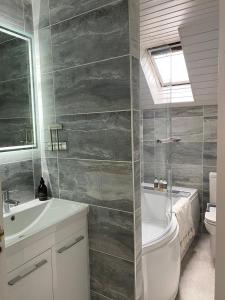 uma casa de banho com um lavatório, um WC e um chuveiro em Lovely Entire Flat in Birnam, neighbouring Dunkeld em Birnam