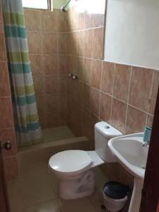La salle de bains est pourvue de toilettes, d'un lavabo et d'une douche. dans l'établissement La Casa de Mike, à Puerto Villamil