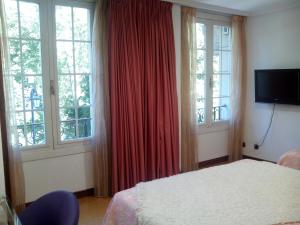 a bedroom with a bed and windows and a tv at Santacruz in Oviedo
