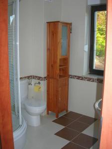 uma casa de banho com WC e um armário de madeira em Apartament na Wzgórzu em Wisla