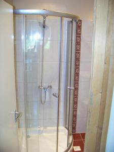 a shower with a glass door in a bathroom at Nefelejcs Apartman in Fertőhomok +33 photos