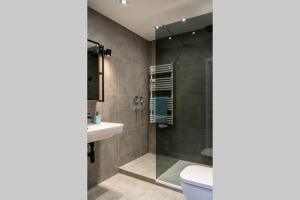 a bathroom with a shower and a toilet and a sink at MODERN WESTERN - Apartment BLUE in Eging am See