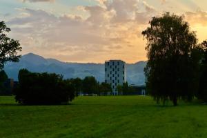 ein Gebäude inmitten eines Feldes mit Bäumen in der Unterkunft Amedia Lustenau, Trademark Collection by Wyndham in Lustenau