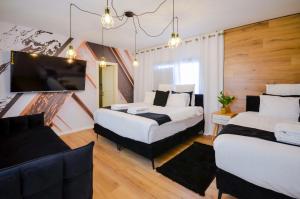 ein Hotelzimmer mit 2 Betten und einem Flachbild-TV in der Unterkunft YalaRent Green Garden Villa with Private Pool in Eilat