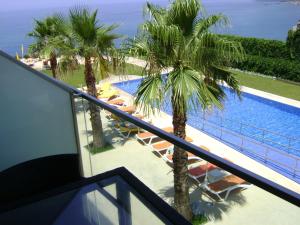 a balcony with palm trees and a swimming pool at Golden Residence Hotel in Funchal