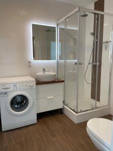 a bathroom with a washing machine and a sink at Droomvakanties Egmond Zeezicht in Egmond aan Zee