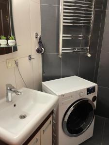 a bathroom with a washing machine and a sink at Apartment near Opera in Lviv