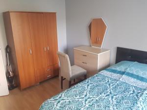 um quarto com uma cama, uma cadeira e uma cómoda em Blue Appartment near to Istanbul new Airport em Istambul