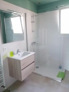 een badkamer met een wastafel en een douche bij Chèvrefeuille gîte & chambre d'hôtes in Moltig les Bains