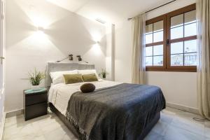 - une chambre avec un grand lit et une fenêtre dans l'établissement MalagaSuite Soho apartment, à Malaga