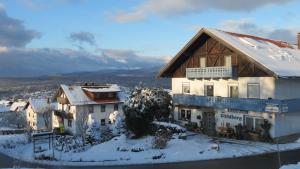 ein großes Haus mit Schnee auf dem Boden in der Unterkunft Gästehaus am Goldberg in Riedlhütte