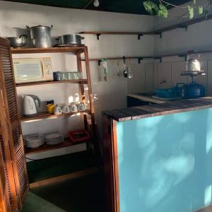 uma cozinha com um balcão e um micro-ondas numa prateleira em Hotel Buena Vista Se reserva solo con seña em San Gregorio de Polanco