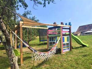a play house with a hammock and a tree at Casa Marta in Bărcuţ
