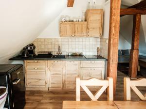 a kitchen with wooden cabinets and black counter tops at Statek Humenec - Klid u lesů, Česko in Valašská Bystřice
