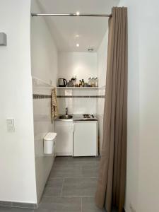 una pequeña cocina blanca con fregadero y cortina de ducha en Central and Convenient Studio in Monaco en Montecarlo