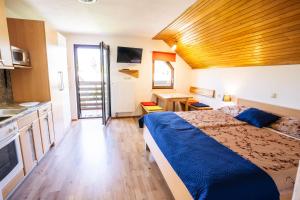 a small room with a bed and a kitchen at Apartmaji Alpski cvet - Hiša Gorenc in Bohinj