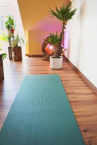 a green yoga mat on the floor in a room with plants at Apartment Bavaria - Zentral mit Stellplatz, Küche & Netflix in Pfaffenhofen an der Ilm
