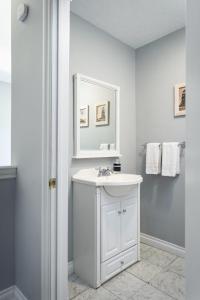 een witte badkamer met een wastafel en een spiegel bij Bissell Creek Woodside Cottage in Williamsburg +27 foto's