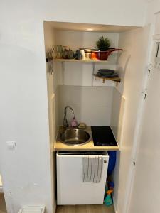 uma pequena cozinha com um lavatório num pequeno frigorífico em Home Sweet Home PIGALLE MONTMARTRE em Paris