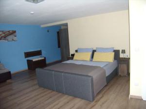 1 dormitorio con 1 cama con paredes azules y suelo de madera en Wellnesshaus Waldmünchen en Waldmünchen