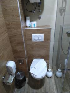 Un pequeño baño con inodoro y ducha. en Okili apartman S11 Milmari resort Kopaonik, en Kopaonik