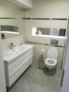 ein Badezimmer mit einem WC, einem Waschbecken und einem Spiegel in der Unterkunft Roadway Silniczna z garażem podziemnym in Kielce