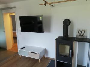 a living room with a fireplace and a flat screen tv at Ferienwohnung Eisl in St. Wolfgang