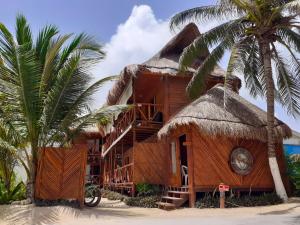 a house on the beach with palm trees at Palmeras de Mahahual Cabañas in Mahahual