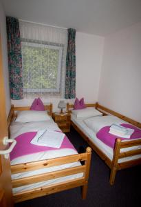 two twin beds in a room with a window at Apartmenthaus Berdnik in Kötschach