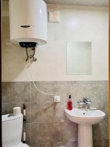 ein Badezimmer mit einem weißen WC und einem Waschbecken in der Unterkunft Ushguli Cabins in Uschguli