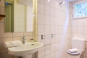 a bathroom with a sink and a toilet and a mirror at Vert Lodge Chamonix in Chamonix-Mont-Blanc