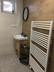 ein Bad mit einem Waschbecken und einem Spiegel in der Unterkunft Tokajský domček in Malá Tŕňa